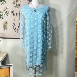 Vintage 50s 60s Light Blue Sheer Floral Lace Lined Dress Mod Coquette Dainty S